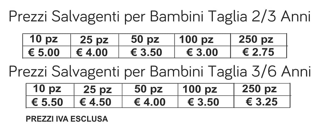 prezzi salavgenti per bambini prezzi salavgenti per bambini