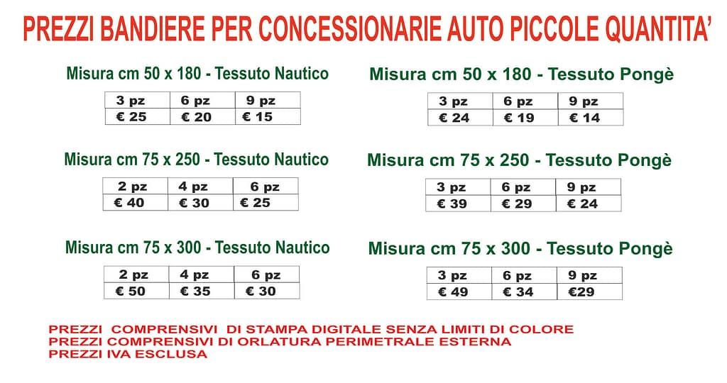 prezzi bandiere per concessionarie piccole quantità prezzi bandiere per concessionarie piccole quantità