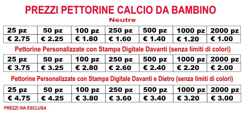 prezzi pettorine da calcio da bambino prezzi pettorine da calcio da bambino